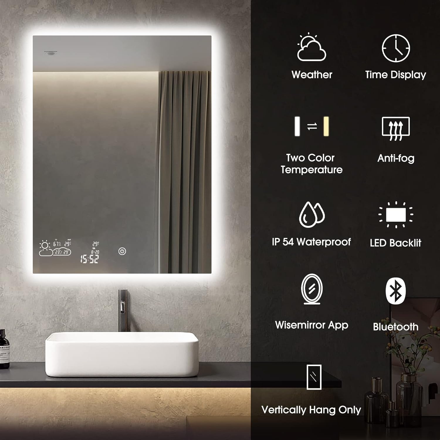 24” X 32” Smart Bathroom Mirror with Bluetooth Wi-Fi Enabled Weather Display, Fog Free, LED Light Vanity Mirror Backlit Frameless Lighted Touch Sensor Makeup for Wall - Vertically Hang Only