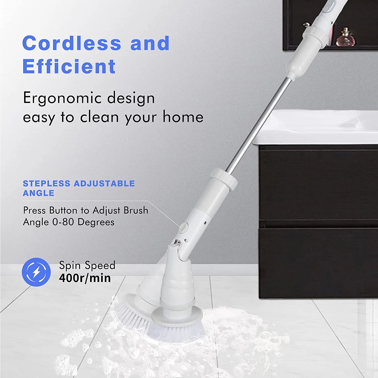 Electric Spin Scrubber, Cordless Adjustable Angle 90/120/180 with 3 Cleaning Brush Heads