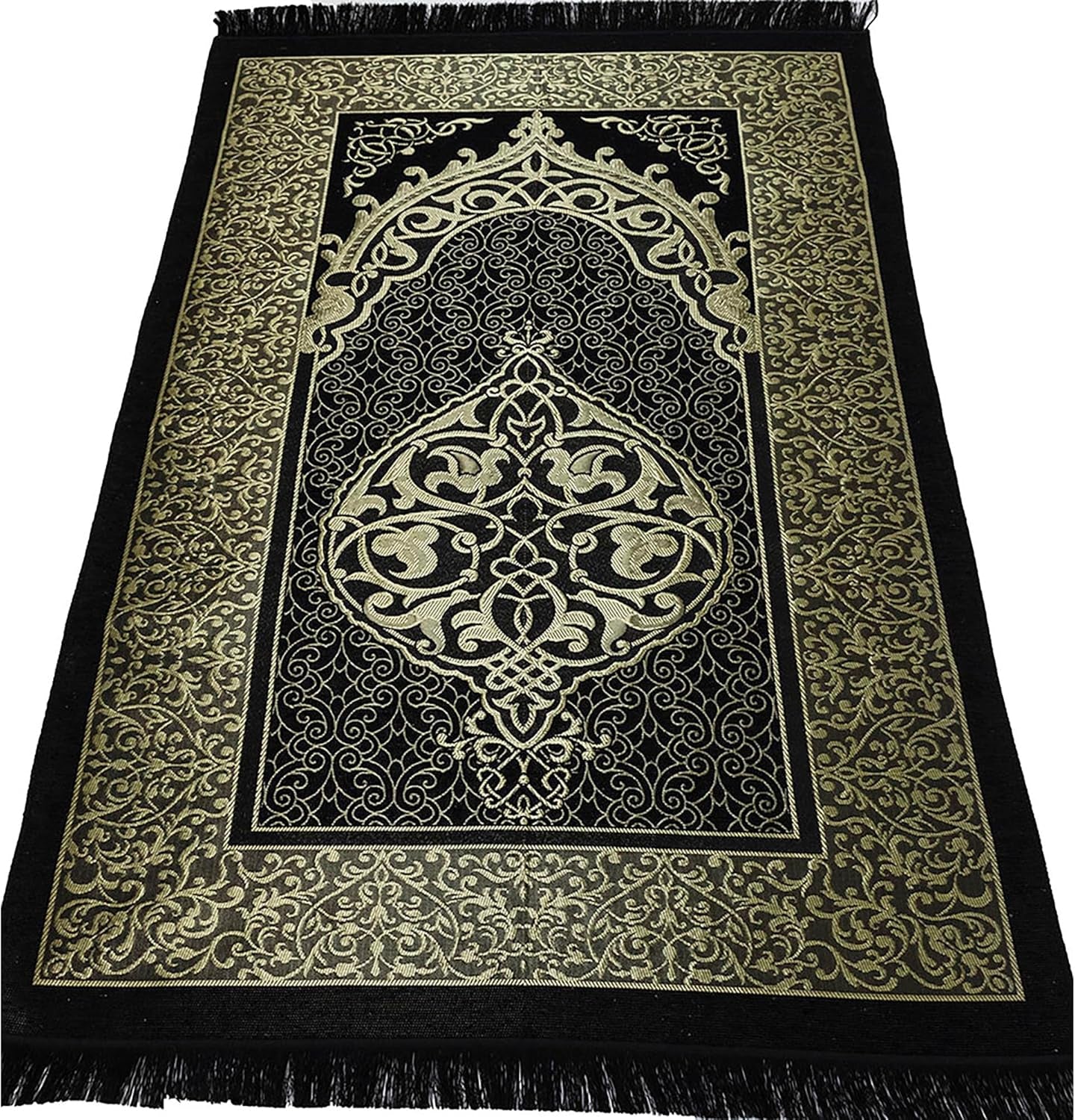 Turkish Prayer Mat - Thin Woven Chenille Praying Rug for Men and Women - Ramadan or Eid Gift Set for Muslim with Quran, Tesbih Prayer Beads - Ottoman Gift Box Set (Black)