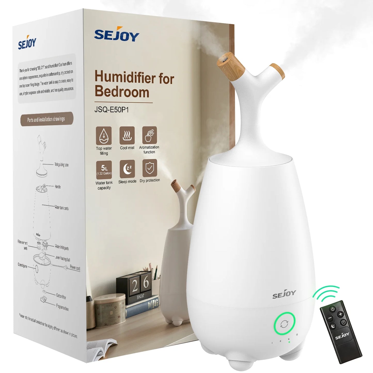 Ultrasonic Humidifier for Home, 5L Large Capacity, Cool Mist, Remote Control, Auto Shut-Off, White