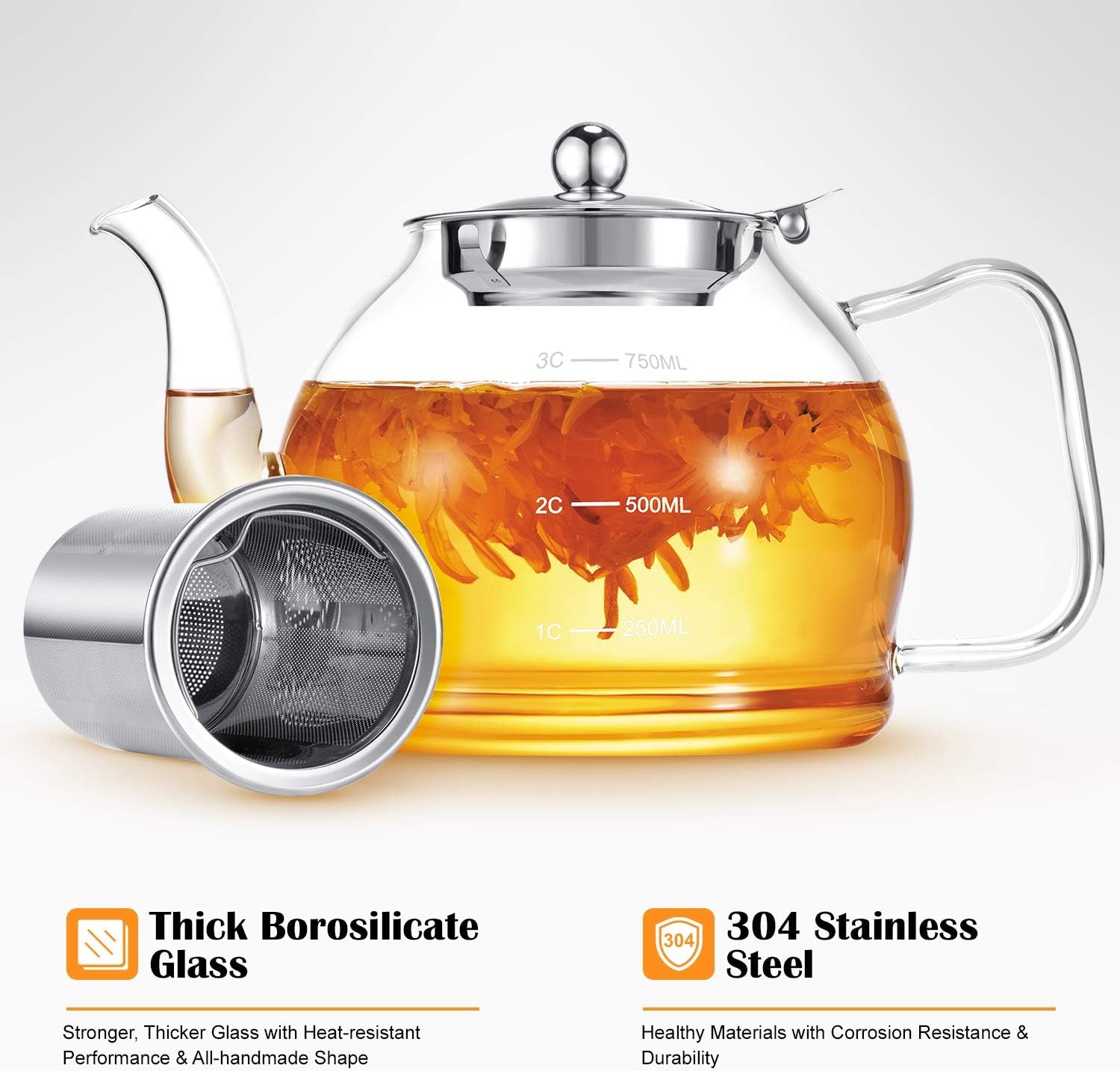 STNTUS Glass Teapot, 27 Oz. / 800 Ml, Loose Tea Infuser, Stove Top Teapot