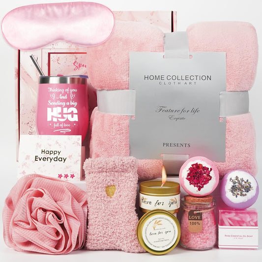 Thinking of You Gifts - Get Well Soon Gifts for Her Self Care Package with Flannel Blanket Bath Loofah Relaxing Spa Gift Box Basket for Mom Sister Best Friends