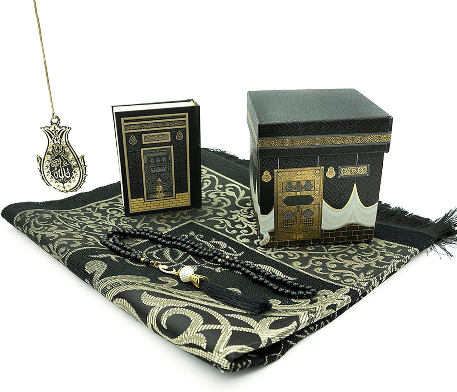 Turkish Prayer Mat - Thin Woven Chenille Praying Rug for Men and Women - Ramadan or Eid Gift Set for Muslim with Quran, Tesbih Prayer Beads - Ottoman Gift Box Set (Black)