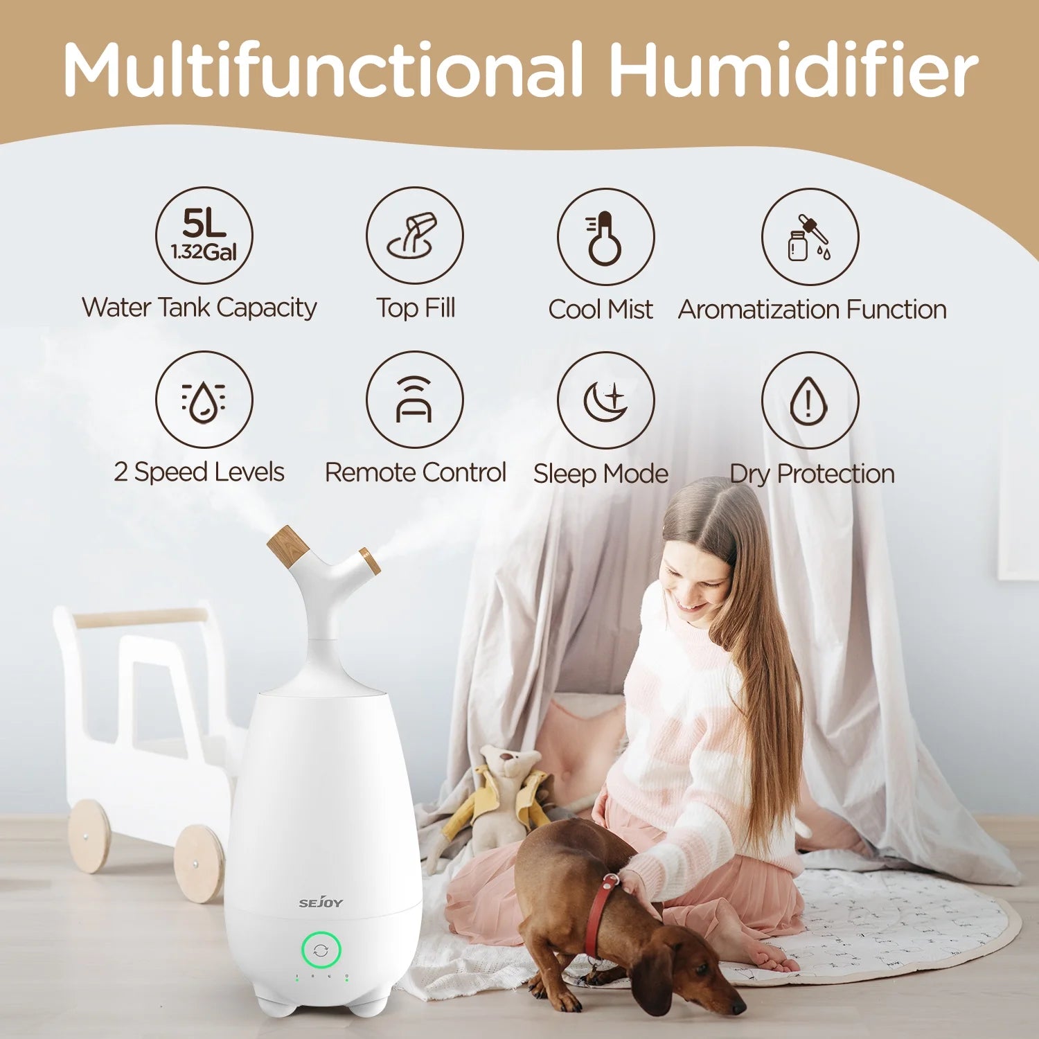 Ultrasonic Humidifier for Home, 5L Large Capacity, Cool Mist, Remote Control, Auto Shut-Off, White